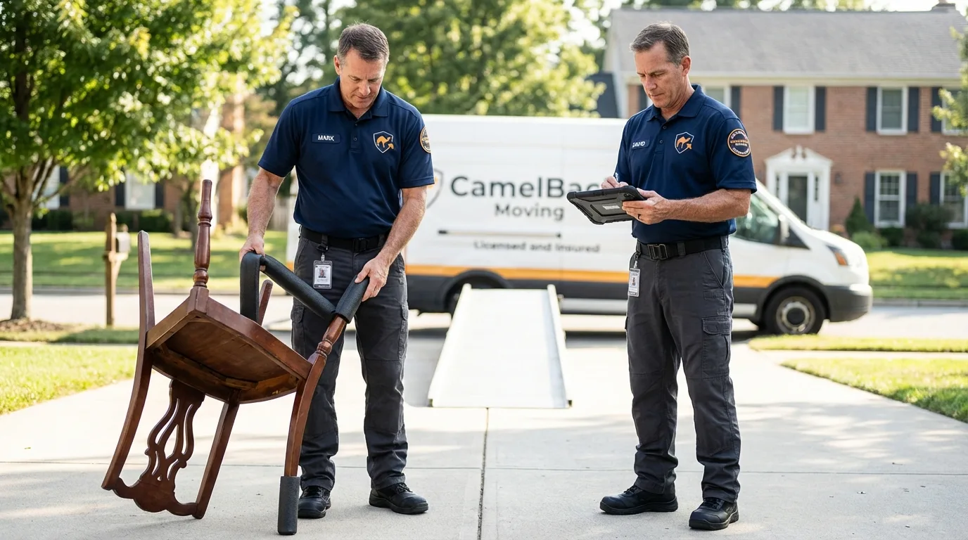 Movers inspecting furniture for damage prevention before loading in Clendenin, WV